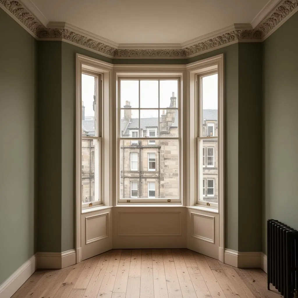 Restored pre-1919 Edinburgh tenement room with original cornicing and a sash bay window