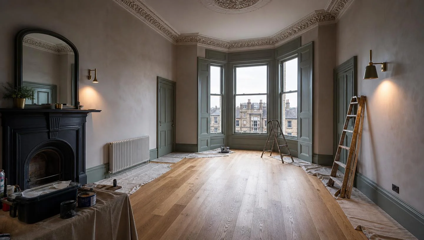 Refurbished pre-1919 Edinburgh tenement interior with restored cornicing and a bay sash window at twilight