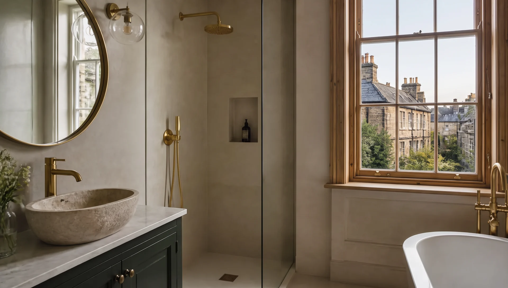 Refitted bathroom with panelled wet walls and brushed brass fittings in an Edinburgh home