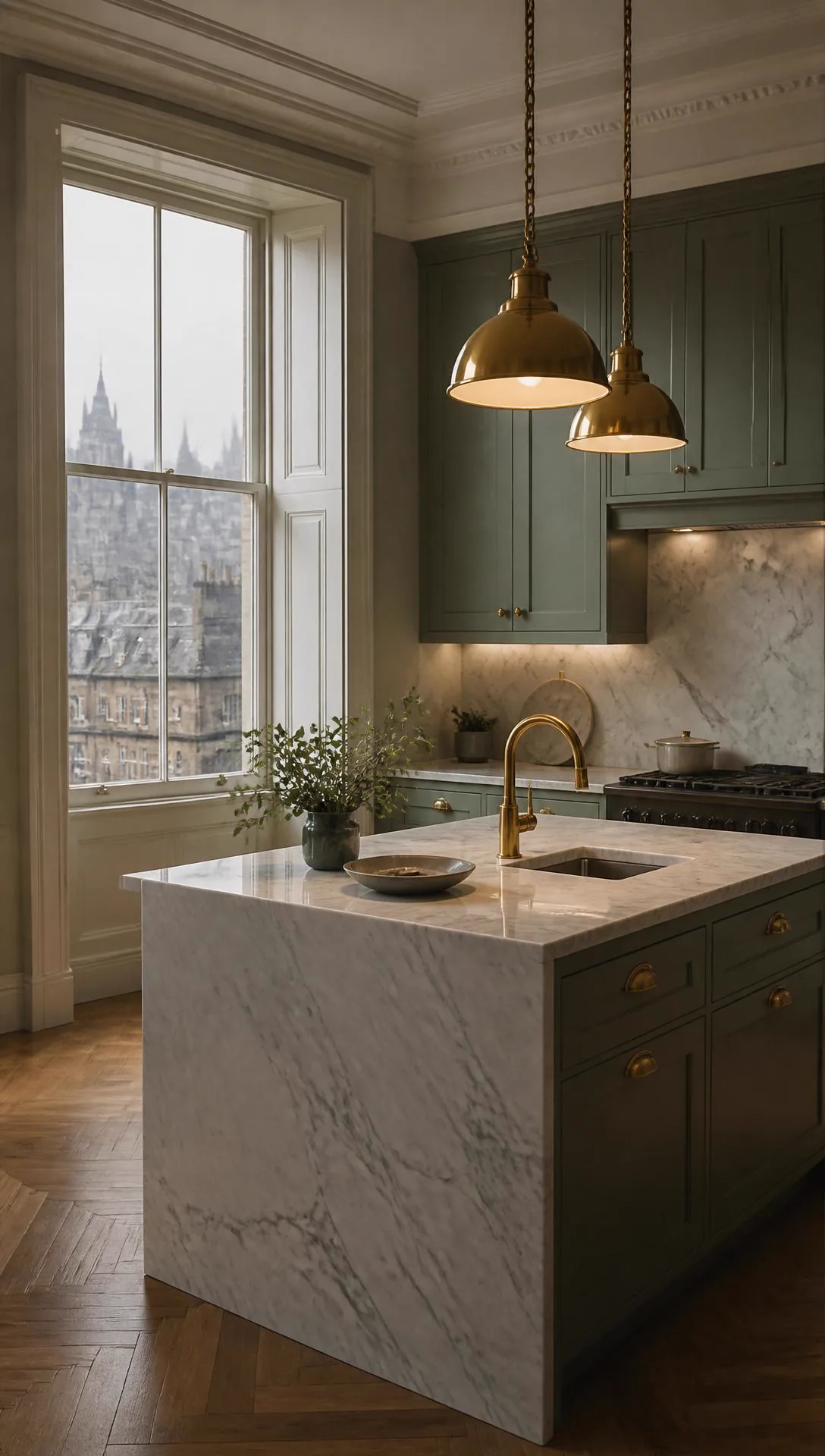 Grand Edinburgh tenement interior mid-renovation with original cornicing, work lamps and a sash bay window at dusk