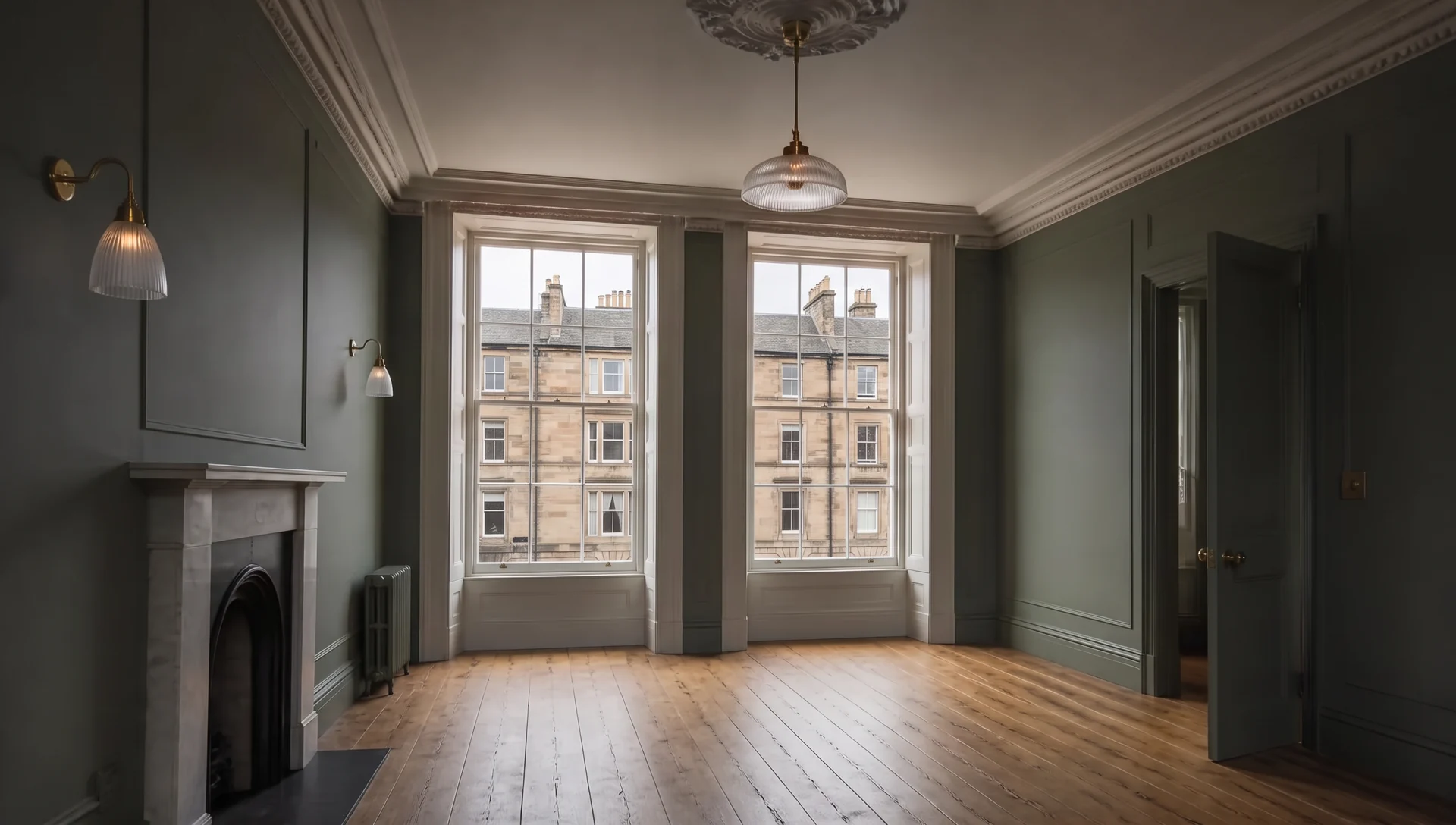 Edinburgh tenement room mid-renovation at dusk with restored cornicing and a bay sash window