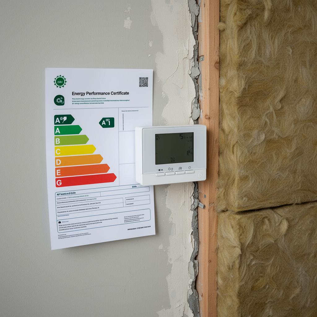 Energy performance certificate beside a thermostat and wall insulation in a renovated flat