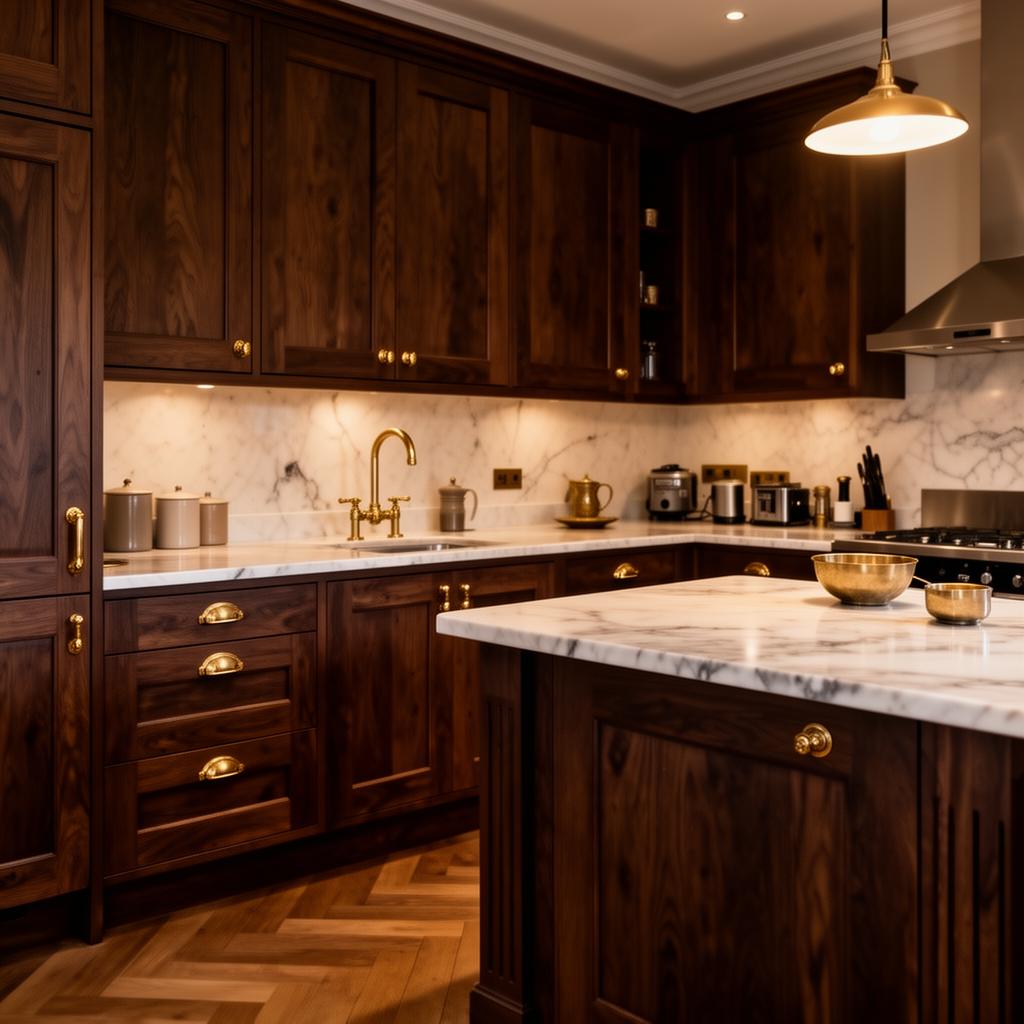 Bespoke dark oak fitted kitchen with brushed brass ironmongery and marble worktop