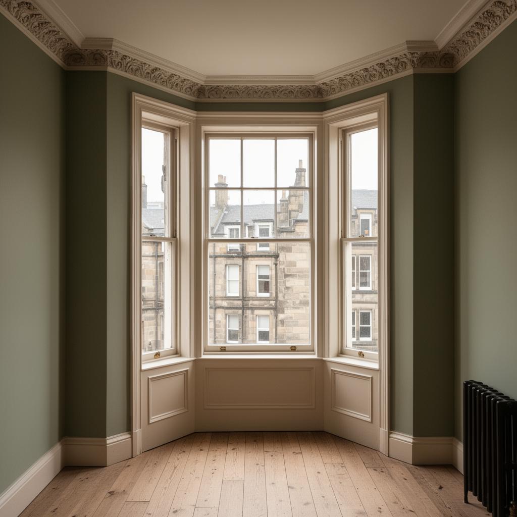 Restored pre-1919 Edinburgh tenement room with original cornicing and a sash bay window
