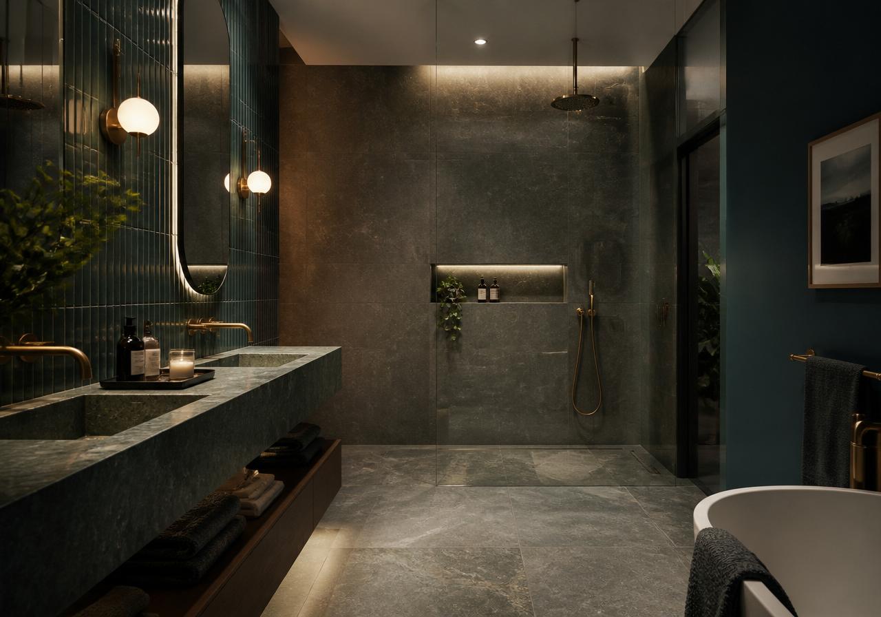 Luxury dark-stone bathroom with walk-in wet room, brushed brass fixtures, and a natural stone vanity