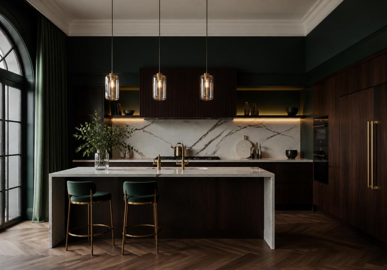 Premium dark-oak kitchen with quartz waterfall island, marble splashback, and brass ironmongery