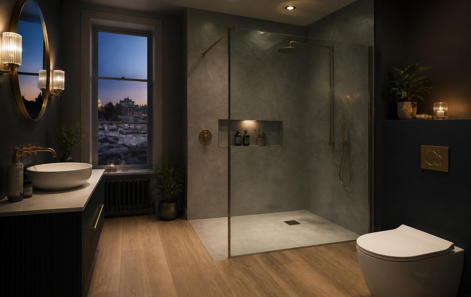 Modern bathroom with wet wall panels behind a walk-in shower and LVT flooring underfoot